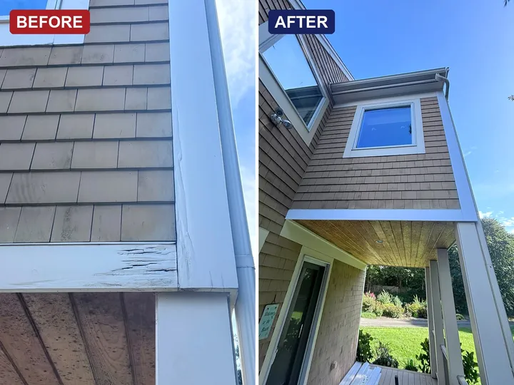 Before and after on the same house: rotted, cracked trim at the corner under the roof, then the same corner repaired and painted white